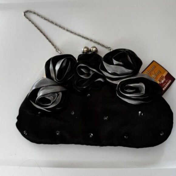 Cracker Barrel Season Of Glory Black Satin Rosettes Small Evening Clutch Bag NWT - Picture 1 of 9